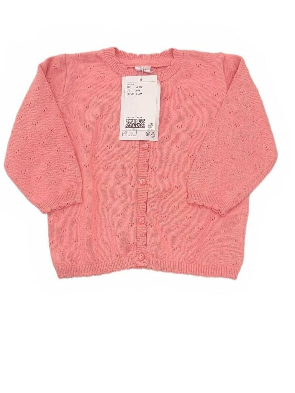 New! H&M Baby Girls Pink Cotton Pointelle Knit Cardigan Sweater Scalloped 6 Mos